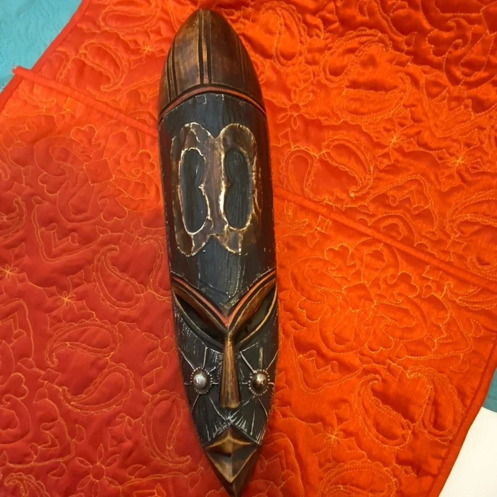 African‎ Tribal Style Wall Face Mask Hand Carved Wood Metal Clad Face Etching